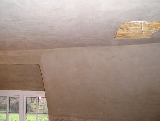 LIME PLASTERING: Finished basecoat ready for lime plaster. NB Patch omitted for smoke detector